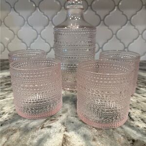 Textured Pink Glass Decanter Set with Glasses